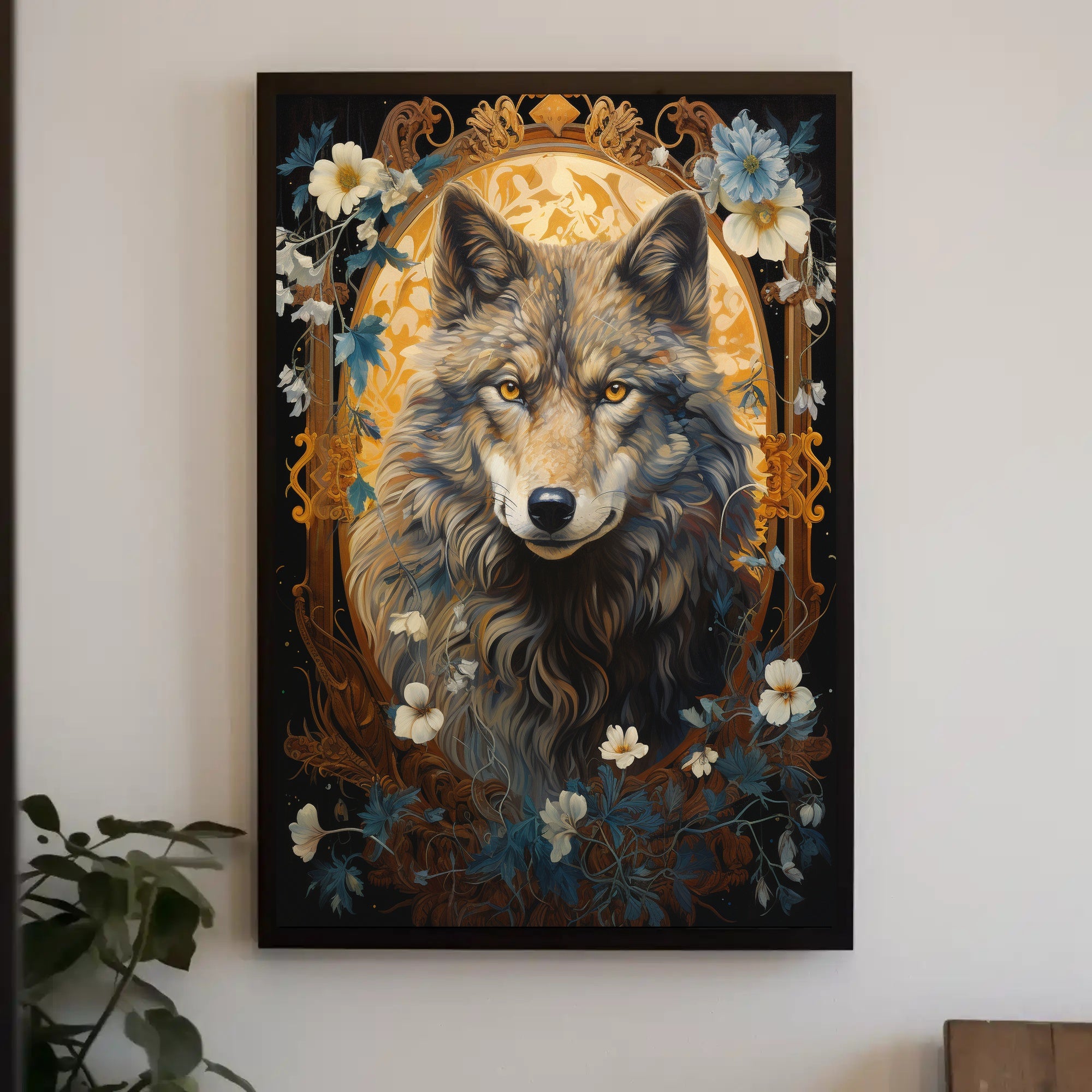 Majestic Wolf Portrait in Ornate Art Nouveau Animal Poster