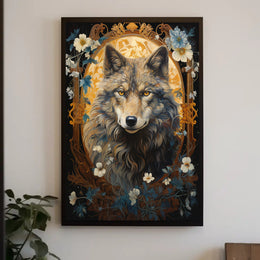 Majestic Wolf Portrait in Ornate Art Nouveau Animal Poster