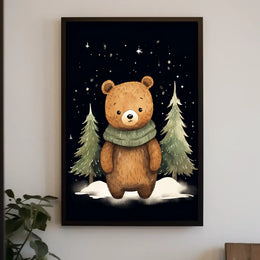 Whimsical Bear Winter Night Scene Art Poster