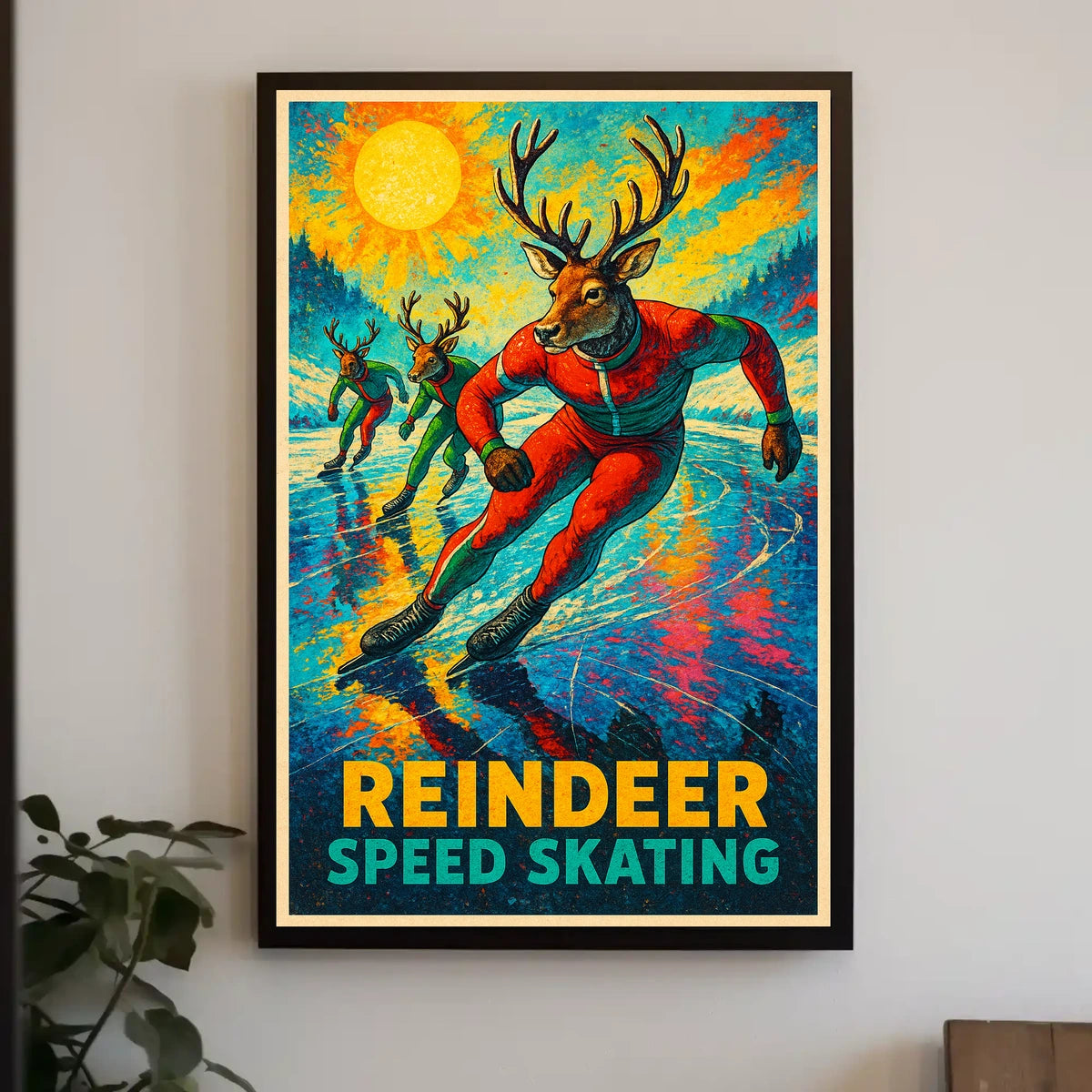 Reindeer Speed Skating Vintage Winter Sports Poster