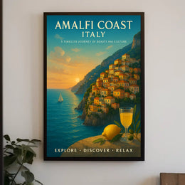 The poster showcases the Amalfi Coast in Italy, emphasizing its timeless beauty and Travel Poster
