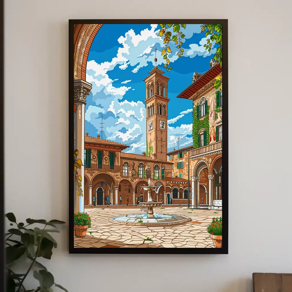 Charming Italian Piazza with Clock Tower Poster