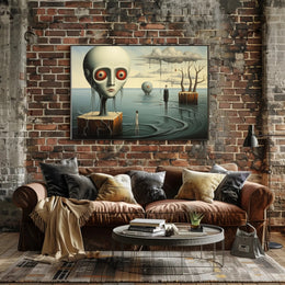 Dreamlike Landscape with Surreal Figures: Futuristic Sci-Fi Poster