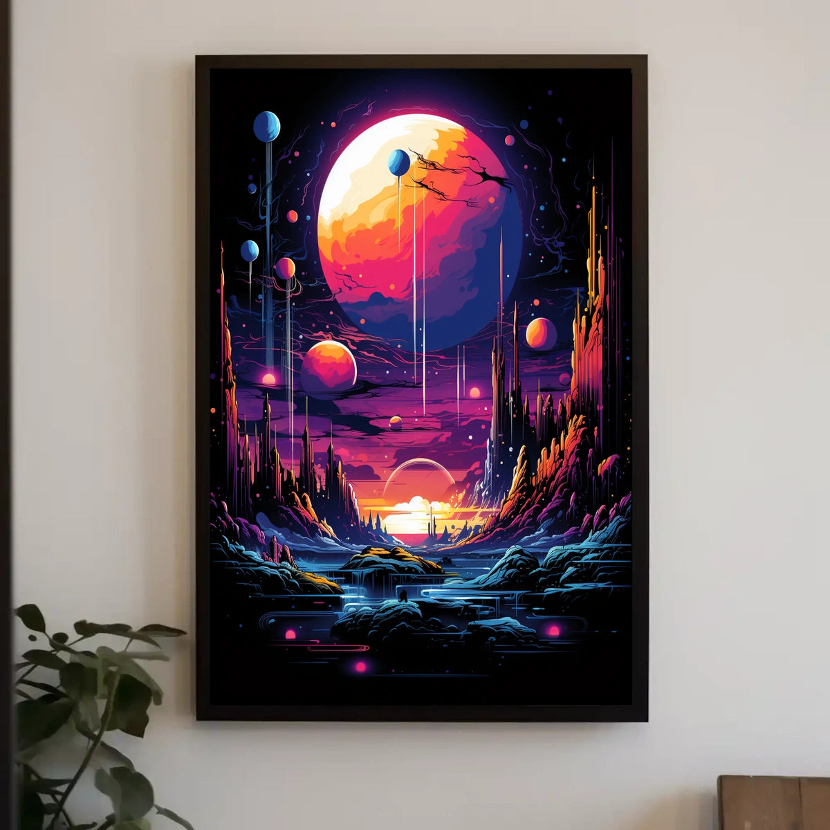 The poster features a vibrant and surreal sci-fi landscape. The core subject is Travel Poster