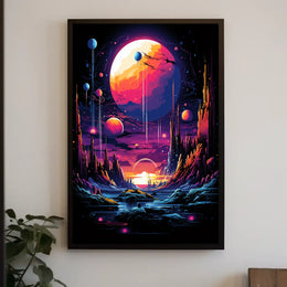 The poster features a vibrant and surreal sci-fi landscape. The core subject is Travel Poster