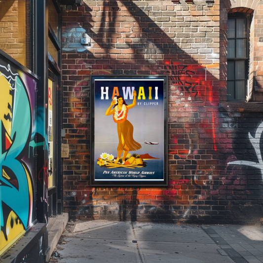 Pan Am Hawaii Hula Dancer Island Sunset Travel Poster