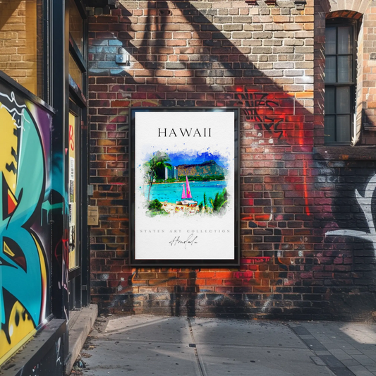 Hawaii Honolulu Sailboat Watercolor Skyline Poster