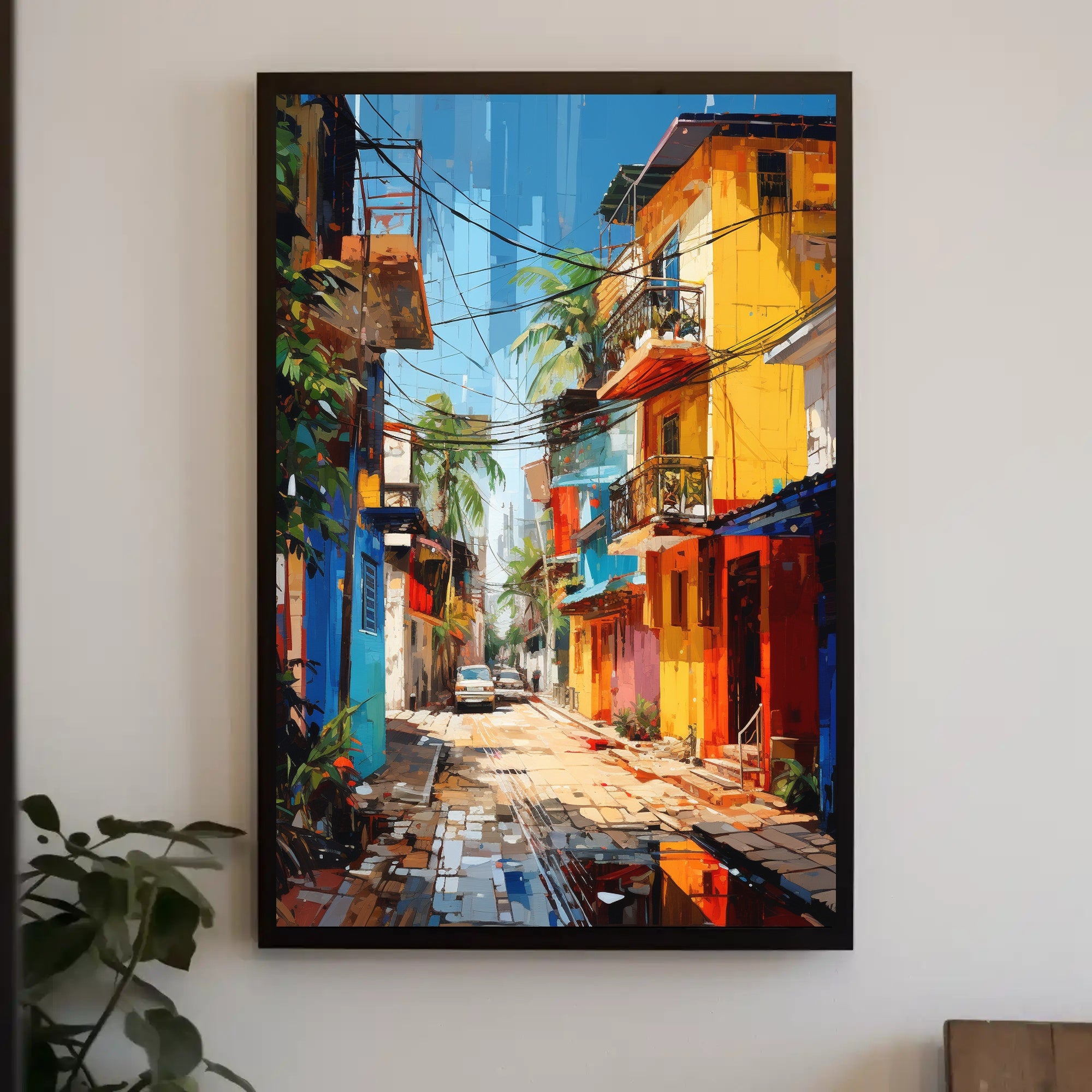 Vibrant Tropical Urban Street Scene Artistic Poster