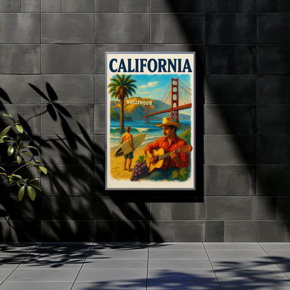 California Surfer Grapes Golden Gate Hollywood Vintage Travel Poster Wall Art