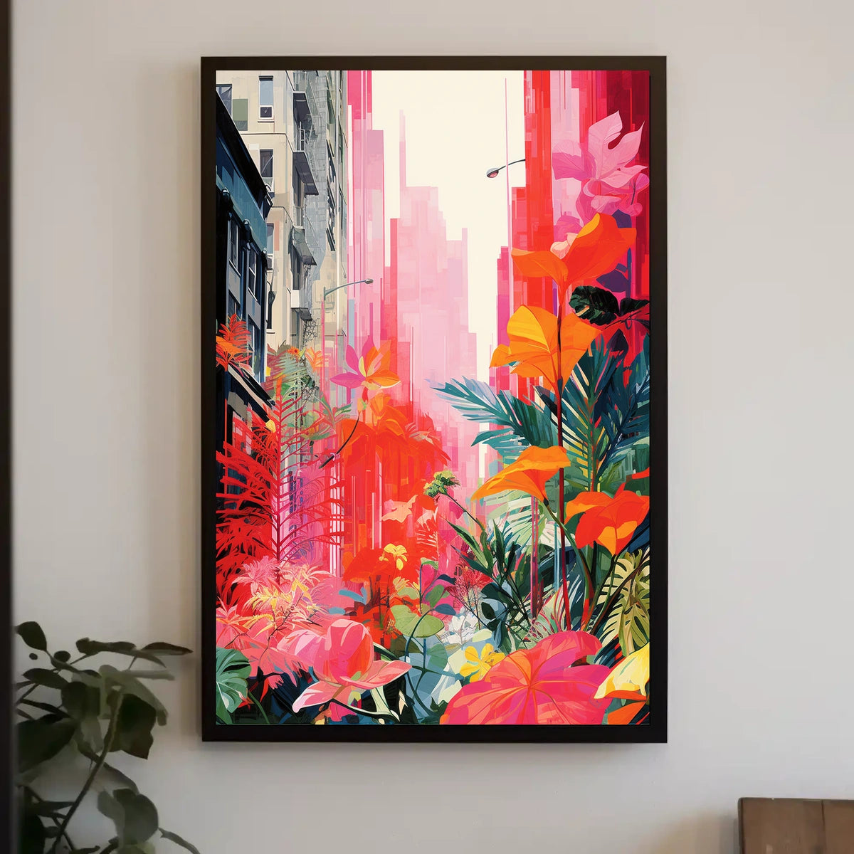 Urban Nature Fusion: Vibrant Cityscape Meets Botanical Wonderland Poster