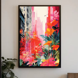 Urban Nature Fusion: Vibrant Cityscape Meets Botanical Wonderland Poster