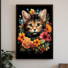 Charming Cat and Flowers Modern Art Poster