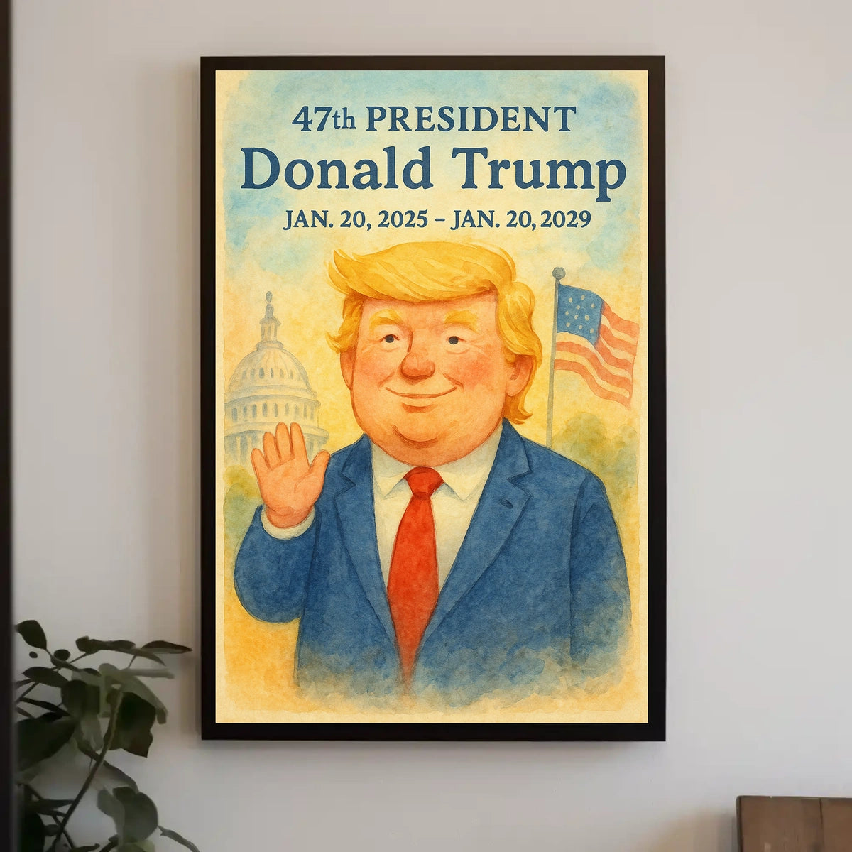 Trump Patriotism Watercolor Inspirational Capitol Dome American Flag Portrait Inspired Decor Collector Poster