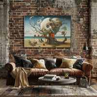 This surreal poster depicts a fantastical scene on a beach setting. Dominating the Travel Poster