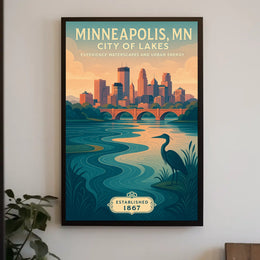 The poster depicts a serene and picturesque representation of Minneapolis, Minnesota, known as Travel Poster