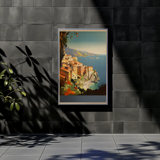 Italy Coastal Village Cliffs Blue Sea Vintage Travel Poster