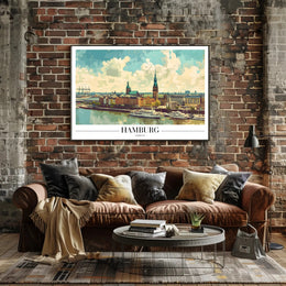 Scenic Hamburg Harbour Vibrant Illustration Urban or Cityscape Poster