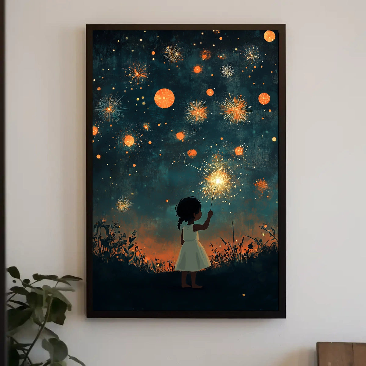 Young Girl Holding Sparkler Under Firework Sky Poster