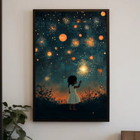 Young Girl Holding Sparkler Under Firework Sky Poster