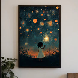 Young Girl Holding Sparkler Under Firework Sky Poster