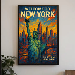 New York Skyline Sunset Art Poster Vintage Wall Art