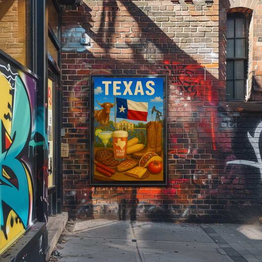 Texas Icons Food Flag Boots Beer Travel Poster