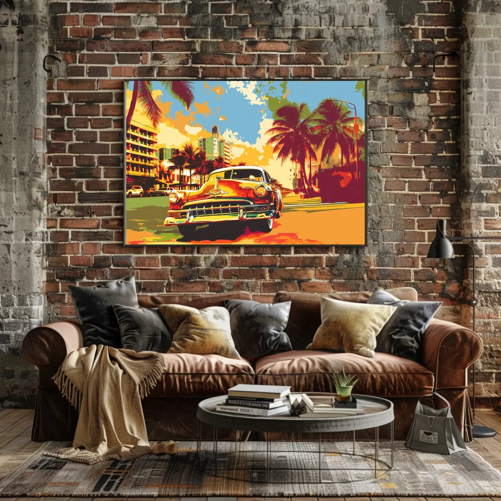 Vintage Car Tropical Cityscape Pop-Art Poster