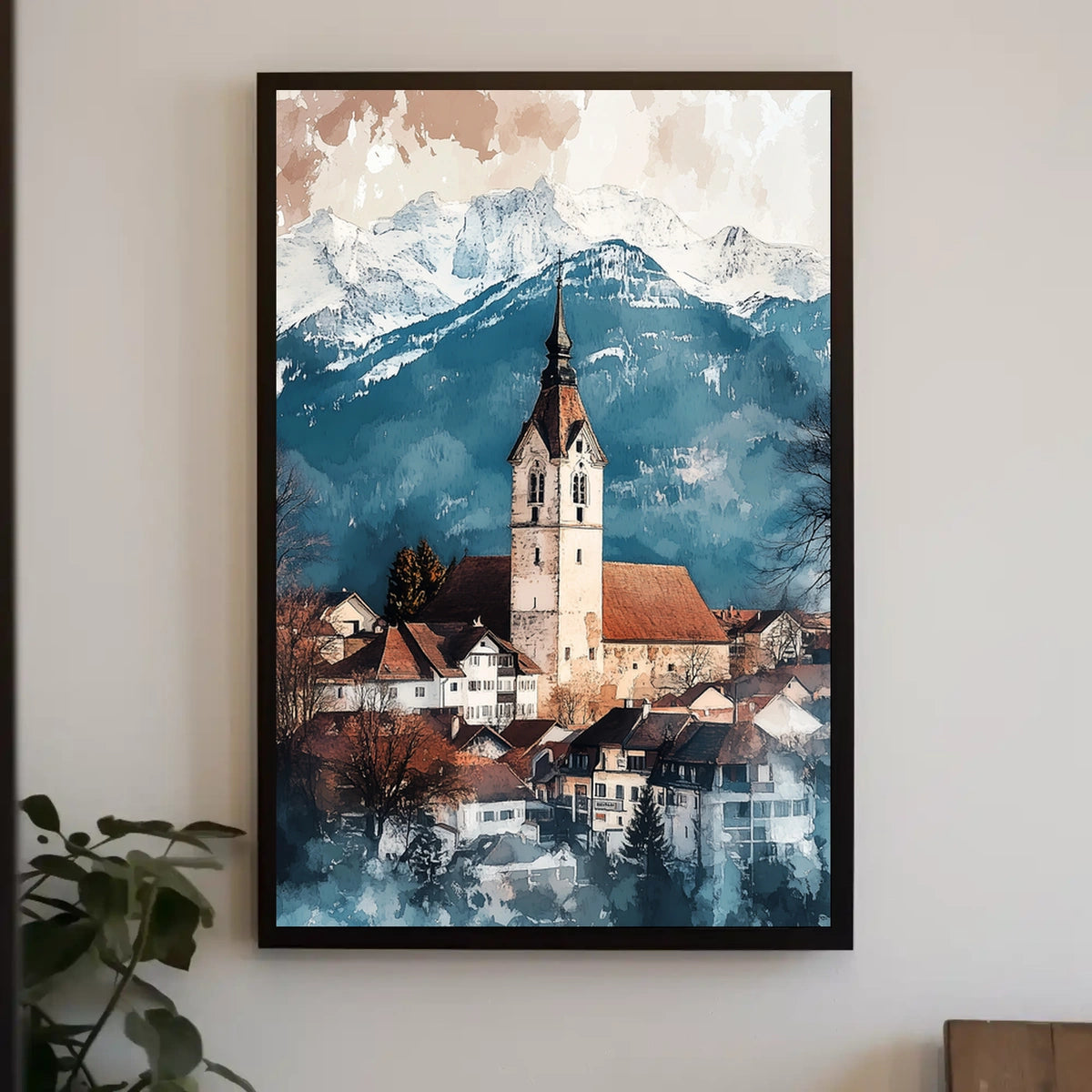 Liechtenstein Balzers Church and Mountains View Poster