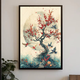 Cherry Blossom Harmony: Birds in Tranquil Flight PosterGoat