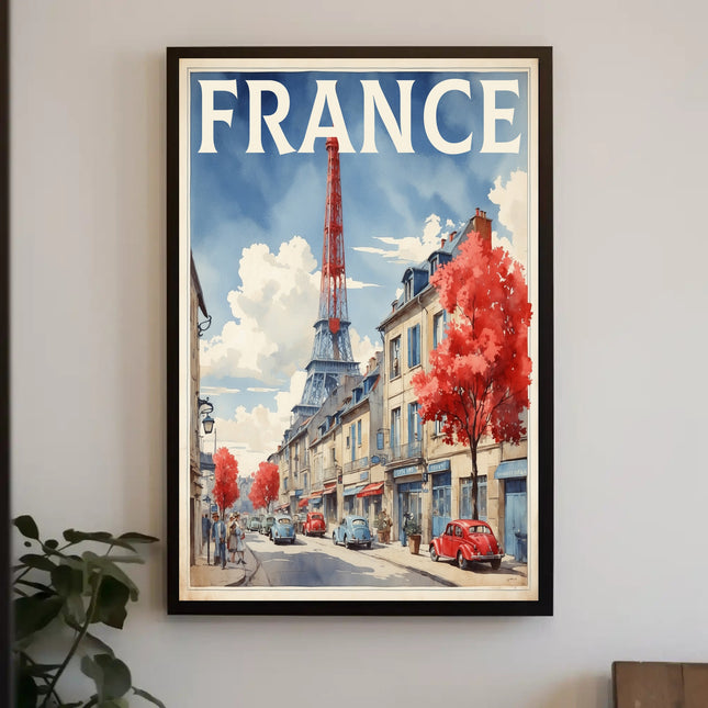 Picturesque Paris Street Scene with Eiffel Tower Travel Poster