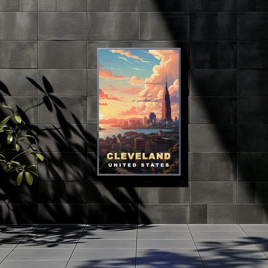 Cleveland Lakeside Skyline Sunset Vintage Travel Poster