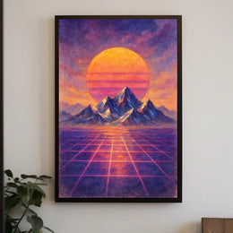 Vibrant Retro-Futuristic Sunset Over Mountains Futuristic Sci-Fi Poster