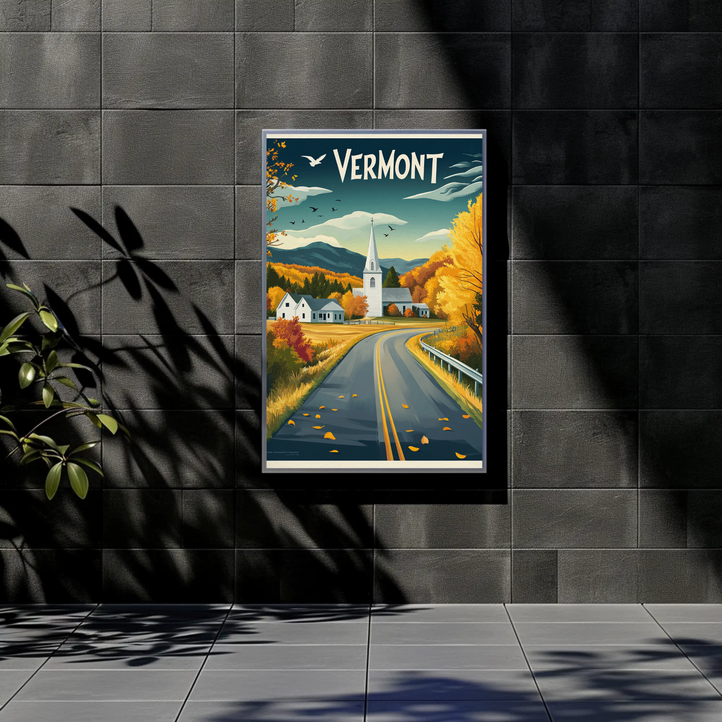 Vermont Vintage Poster - Autumn Road & Church