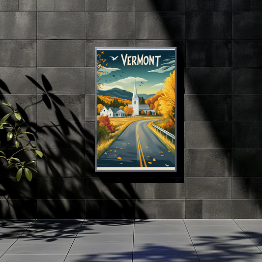 Vermont Vintage Poster - Autumn Road & Church
