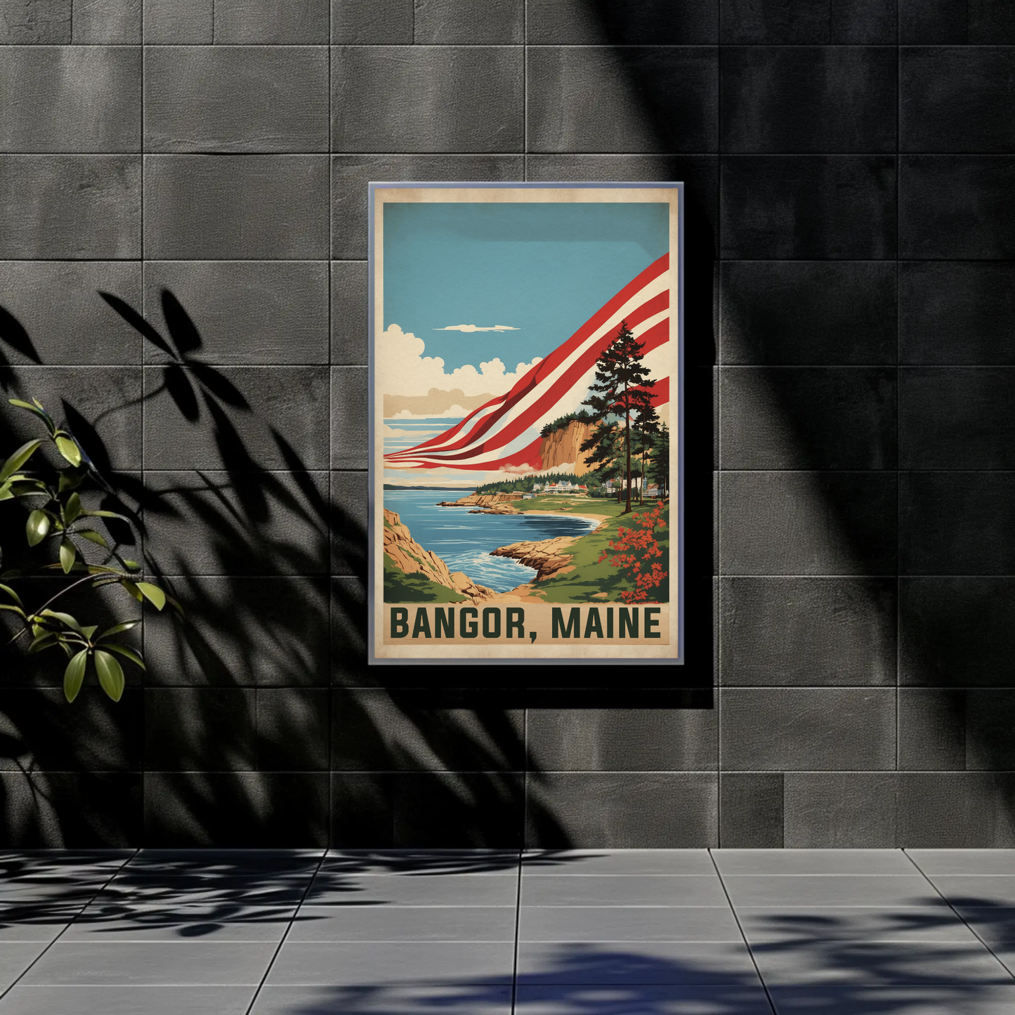 Bangor Maine Coastal Cliffside Vintage Travel Poster