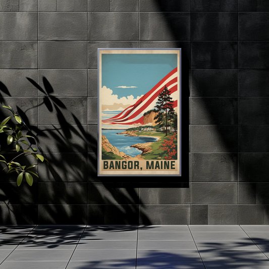 Bangor Maine Coastal Cliffside Vintage Travel Poster