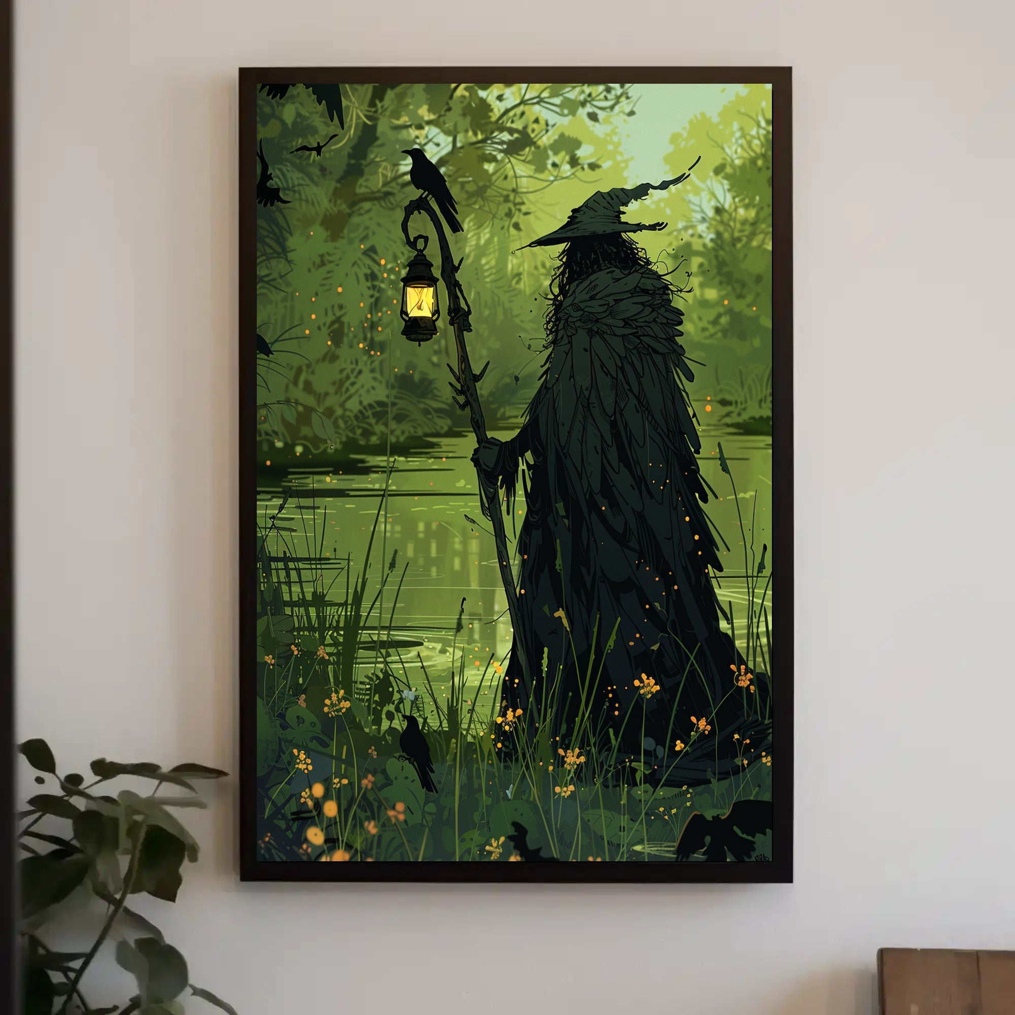 Mysterious Forest Figure with Crow Fantasy or Mythology Poster PosterGoat