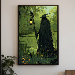 Mysterious Forest Figure with Crow Fantasy or Mythology Poster PosterGoat