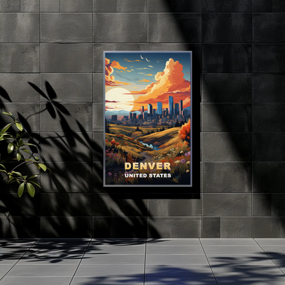 Denver Autumn Meadow Skyline Vintage Travel Poster