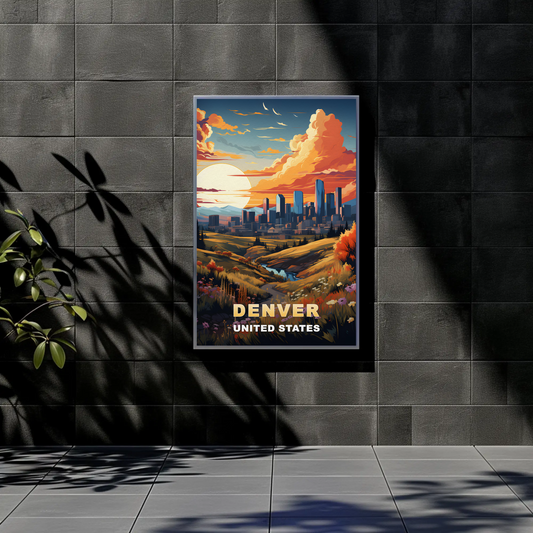 Denver Autumn Meadow Skyline Vintage Travel Poster