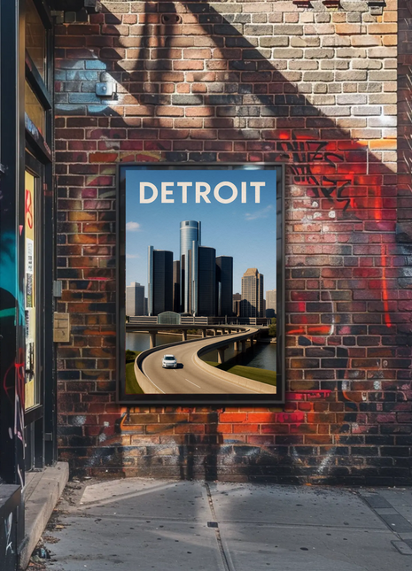 Detroit Renaissance Center Skyline Highway Travel Poster