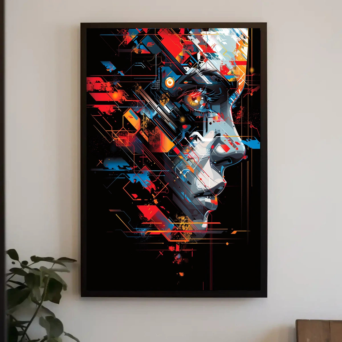Futuristic Cyberpunk Face Art Poster: Tech Fusion