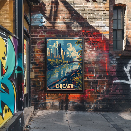 Chicago Train City Buildings Waterfront Skyline Travel Poster