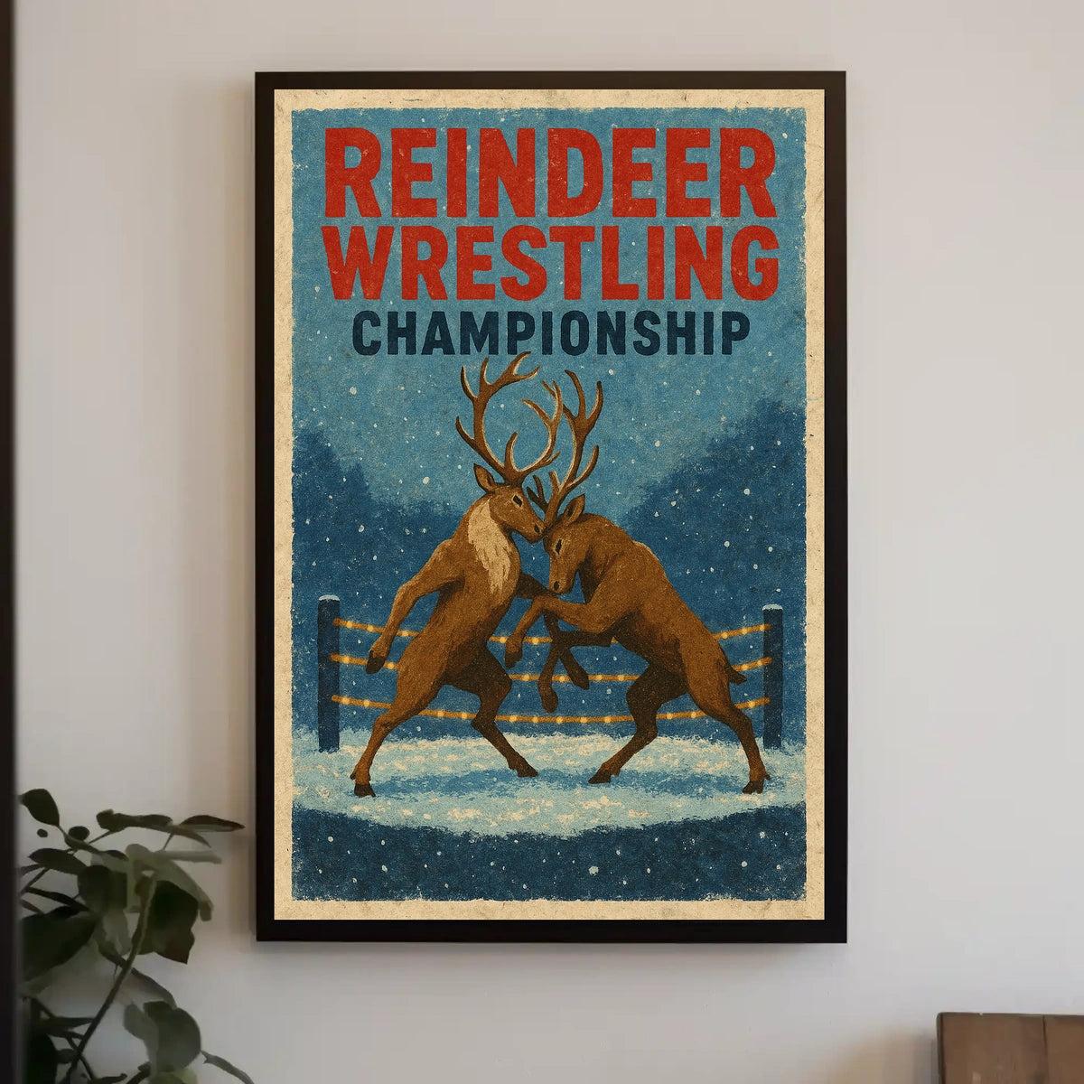Reindeer Wrestling Championship Vintage Winter Poster