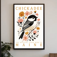 Chickadee Maine State Bird Botanical Art Poster