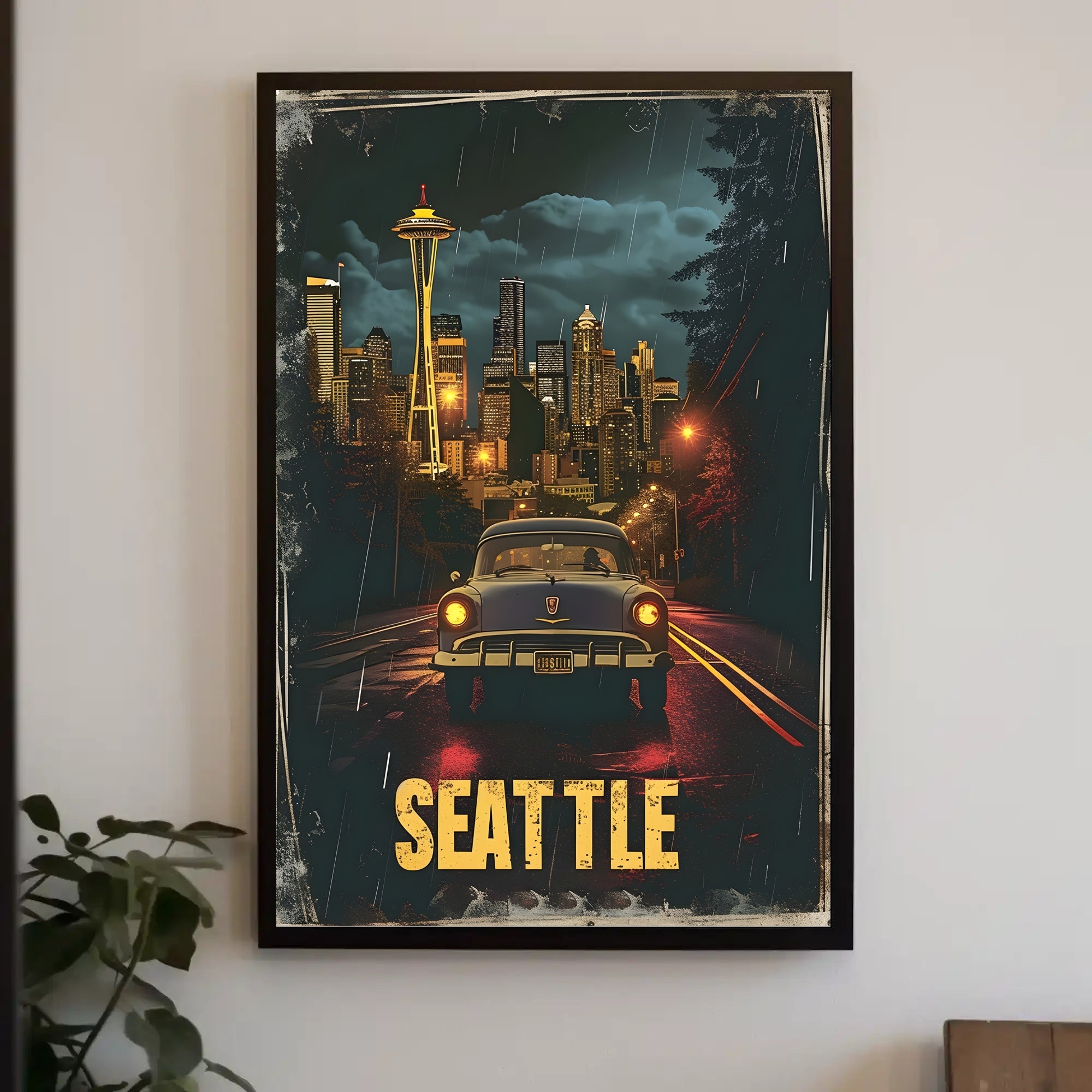 Seattle Space Needle Vintage Night Urban or Cityscape Poster