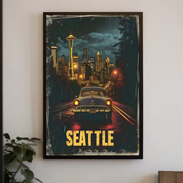 Seattle Space Needle Vintage Night Urban or Cityscape Poster