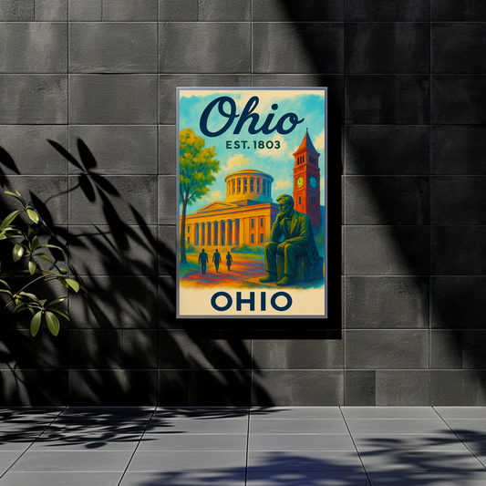 Ohio Capitol Clocktower Statue Walkway History Vintage Travel Poster