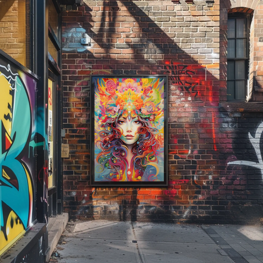 Psychedelic Woman Portrait Color Explosion Floral Surreal Travel Poster