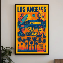 The poster is a vibrant tribute to Los Angeles, specifically highlighting Hollywood as Travel Poster